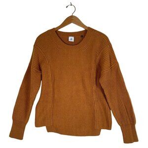Cabi‎ Womens Size S Gold Shaker Rib Knit Top Cropped Crewneck Step Hemline L/S